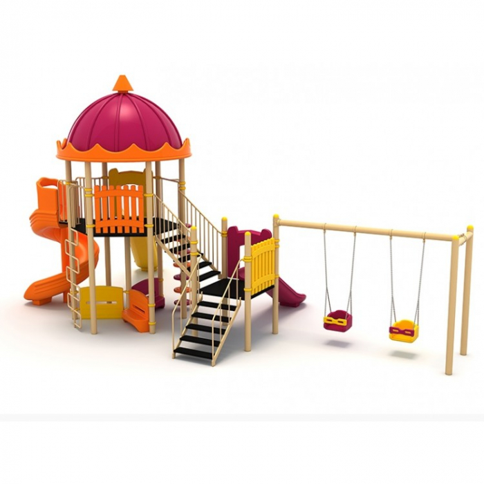 53M Clasic Echipament loc de joaca exterior parc din metal cu Scara 3 Tobogane 2 Cataratoare 3 Bancute si 2 Leagane [1]