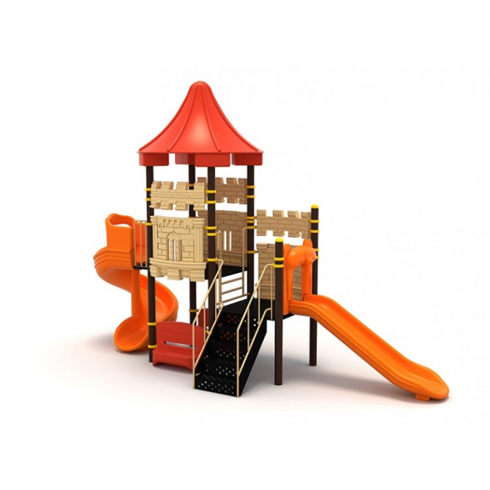 58M Castel Echipament loc de joaca exterior parc din metal cu Scara si 2 Tobogane si 2 Bancute [1]