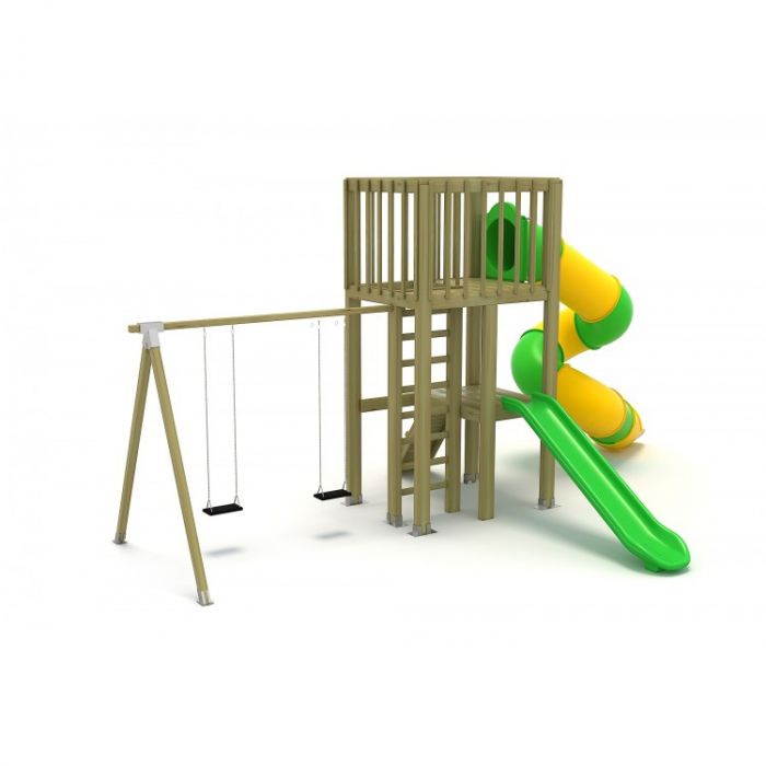62A Echipament loc de joaca exterior parc din lemn cu Cataratoare, 2 Tobogane si Leagan [2]