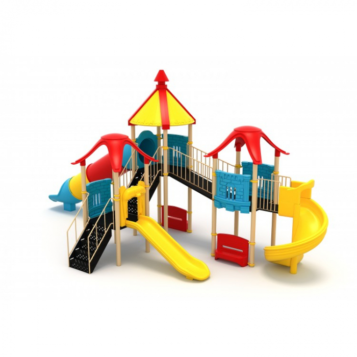 69M Clasic Echipament loc de joaca exterior parc din metal cu Scară 3 Tobogane și 2 Băncute [1]