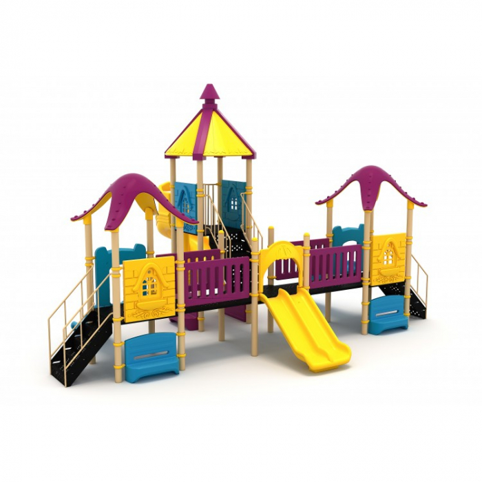 70M Clasic Echipament loc de joaca exterior parc din metal cu 2 Scări 4 Tobogane și 4 Băncute [1]