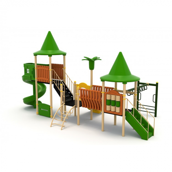 80M Clasic Echipament loc de joaca exterior parc din metal cu Scară 2 Tobogane Activitati Bancuta și 2 Cățărătoare [1]