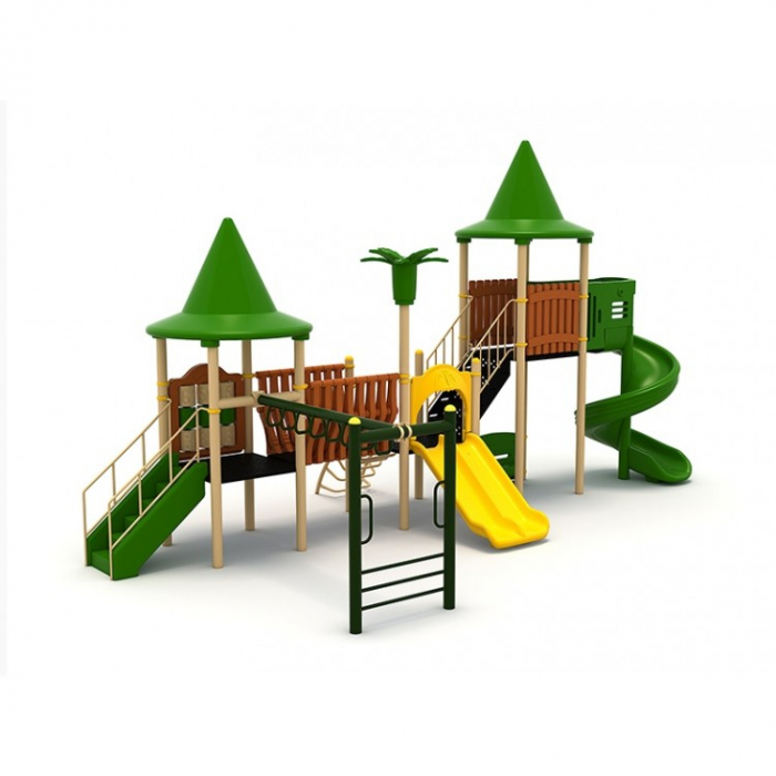 80M Clasic Echipament loc de joaca exterior parc din metal cu Scară 2 Tobogane Activitati Bancuta și 2 Cățărătoare [2]