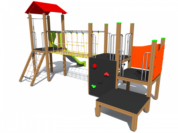 BRL21 Clasic Echipament loc de joaca exterior parc din lemn cu 4 Cataratoare Pod de Franghie si Tobogan [2]