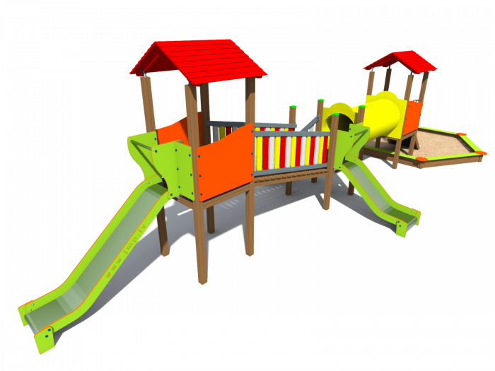 BRL3001 Clasic Echipament loc de joaca exterior parc din lemn cu Scara Cataratoare Pod Tunel Cutie cu Nisip si 2 Tobogane [2]