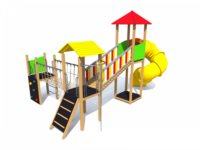 BRL34 Clasic Echipament loc de joaca exterior parc din lemn cu 3 Cataratoare Pod de Franghie si Tobogan [2]