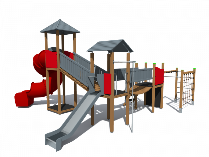 BRL37 Clasic Echipament loc de joaca exterior parc din lemn cu Scara 2 Cataratoare Pod si 2 Tobogane [3]