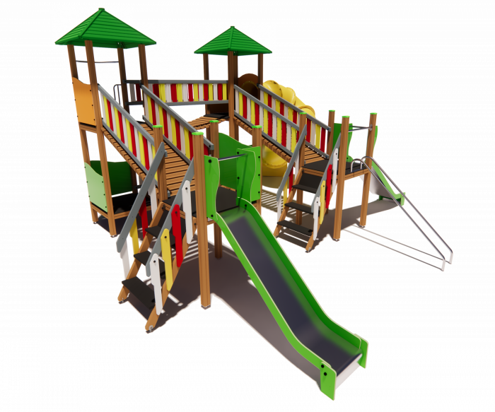 BRL43 Clasic Echipament loc de joaca exterior parc din lemn cu 2 Scari Pod si 3 Tobogane [3]
