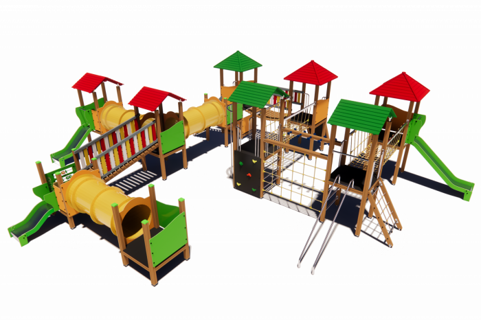 BRL9001 Clasic Echipament loc de joaca exterior parc din lemn cu Scara 5 Cataratoare Pod de Franghie Activitati Bancute si 3 Tobogane [4]