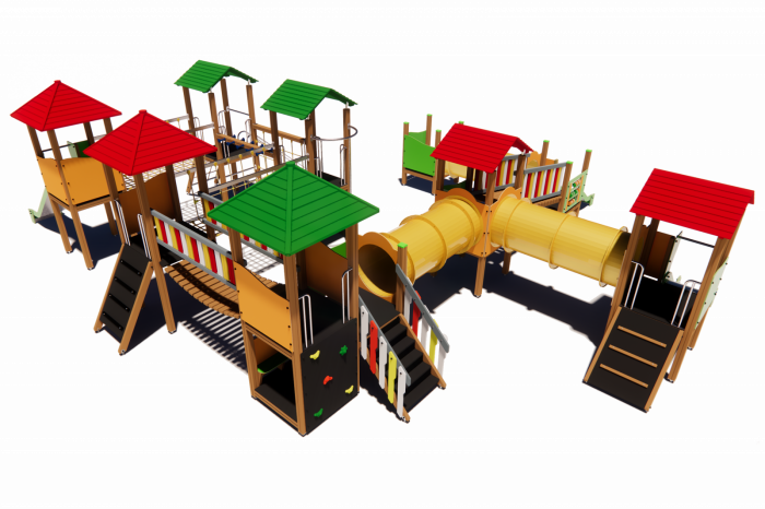 BRL9001 Clasic Echipament loc de joaca exterior parc din lemn cu Scara 5 Cataratoare Pod de Franghie Activitati Bancute si 3 Tobogane [2]