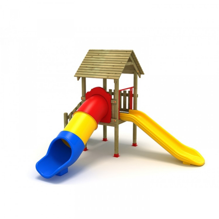 Echipamente joacă LEMN - 03A Clasic Echipament loc de joaca exterior parc din lemn cu Scara si 2 Tobogane