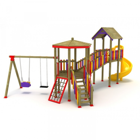 MOBILIER URBAN & LOCURI DE JOACA - 05A Clasic Echipament loc de joaca exterior parc din lemn cu Scara Tobogan 2 Cataratoare si 2 Leagane
