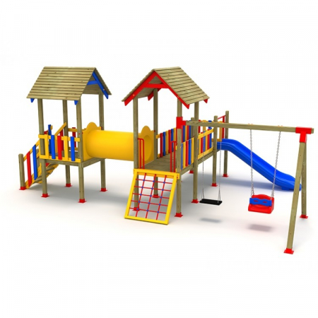 MOBILIER URBAN & LOCURI DE JOACA - 06A Clasic Echipament loc de joaca exterior parc din lemn cu Scara Tobogan Cataratoare Tunel si 2 Leagane