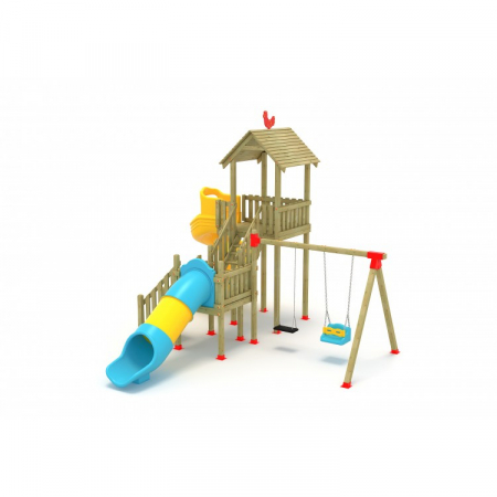 MOBILIER URBAN & LOCURI DE JOACA - 09A Clasic Echipament loc de joaca exterior parc din lemn cu Scara 2 Tobogan si 2 Leagane