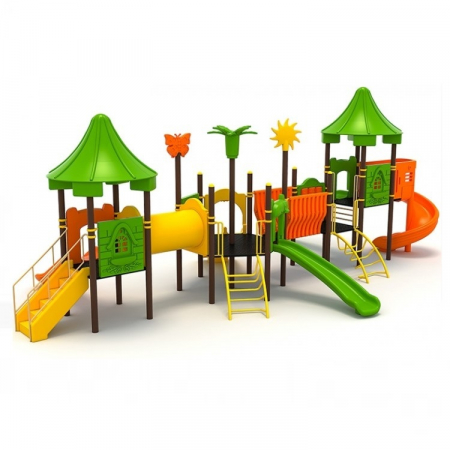 Echipamente joacă METAL - 106M Clasic Ansamblu Echipamente loc de joaca exterior parc din metal cu Scara 5 Tobogane Activitati si 2 Cataratoare