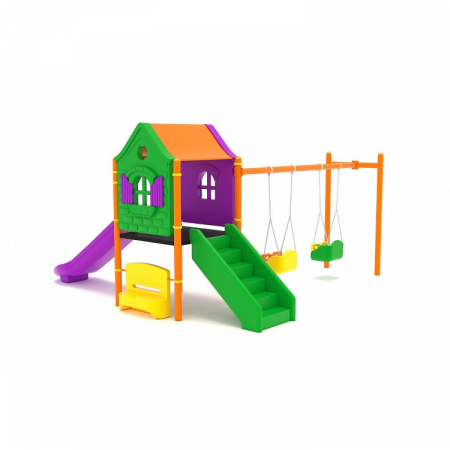Echipamente joacă METAL - 122M Casă Ansamblu Echipamente loc de joaca exterior parc din metal cu Scară Tobogan Băncuță si 2 Leagăne