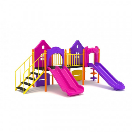 Echipamente joacă METAL - 124M Casă Echipament loc de joaca exterior parc din metal cu Scară 2 Tobogane Cățărătoare si 2 Băncuțe