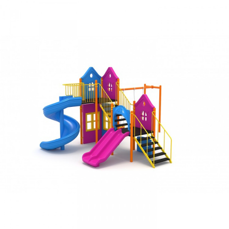 125M Casă Echipament loc de joaca exterior parc din metal cu Scară 2 Tobogane Băncuță si 2 Leagăne [1]