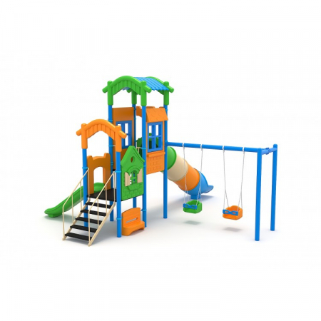 Echipamente joacă METAL - 127M Casă Echipament loc de joaca exterior parc din metal cu Scară 2 Tobogane Băncuță si 2 Leagăne