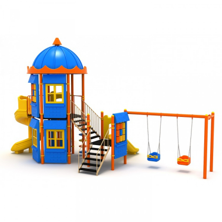 Echipamente joacă METAL - 131M Casă Ansamblu Echipamente loc de joaca exterior parc din metal cu Scară 3 Tobogane 2 Leagăne Activitati și Cățărătoare