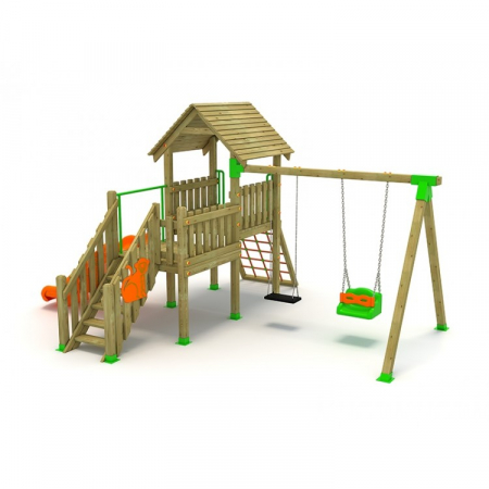 MOBILIER URBAN & LOCURI DE JOACA - 13A Clasic Echipament loc de joaca exterior parc din lemn cu Scara 2 Tobogane 2 Leagane si Cataratoare
