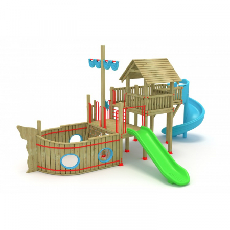 MOBILIER URBAN & LOCURI DE JOACA - 15A Vapor Echipament loc de joaca exterior parc din lemn cu 2 Tobogane si 2 Cataratoare