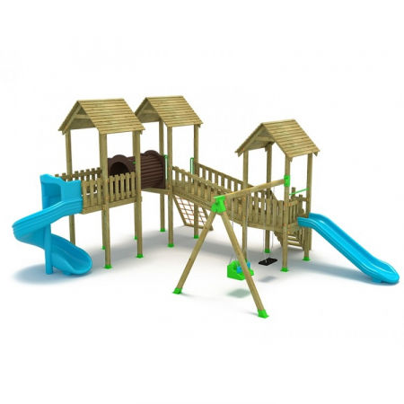 MOBILIER URBAN & LOCURI DE JOACA - 17A Clasic Echipament loc de joaca exterior parc din lemn cu Scara 2 Tobogane Tunel Cataratoare si 2 Leagane