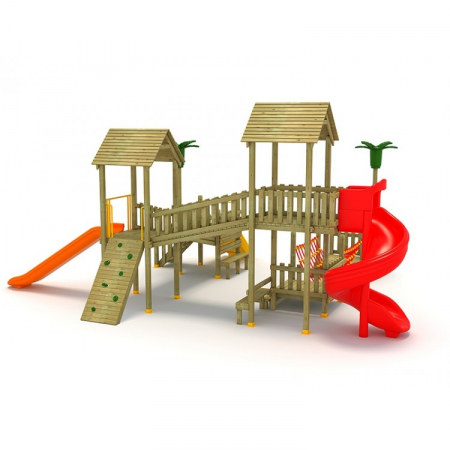 Echipamente joacă LEMN - 20A Clasic Echipament loc de joaca exterior parc din lemn cu Scara 3 Tobogane Bancuta si 2 Cataratoare