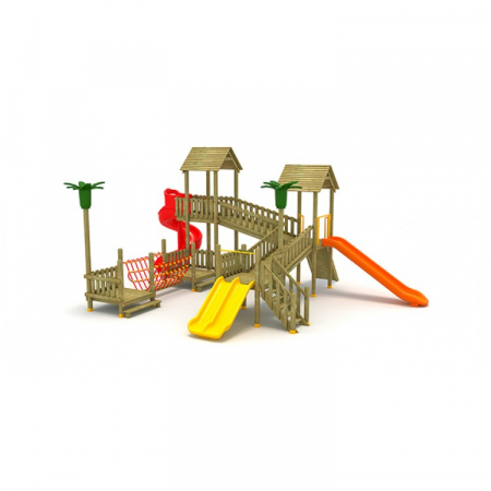 20A Clasic Echipament loc de joaca exterior parc din lemn cu Scara 3 Tobogane Bancuta si 2 Cataratoare [1]