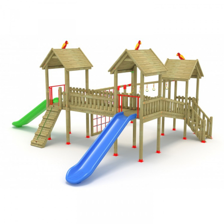 Echipamente joacă LEMN - 21A Clasic Echipament loc de joaca exterior parc din lemn cu Scara 2 Tobogane si 3 Cataratoare