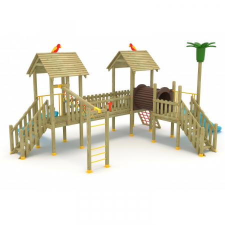 Echipamente joacă LEMN - 22A Clasic Echipament loc de joaca exterior parc din lemn cu Scara Tunel 2 Tobogane si 2 Cataratoare