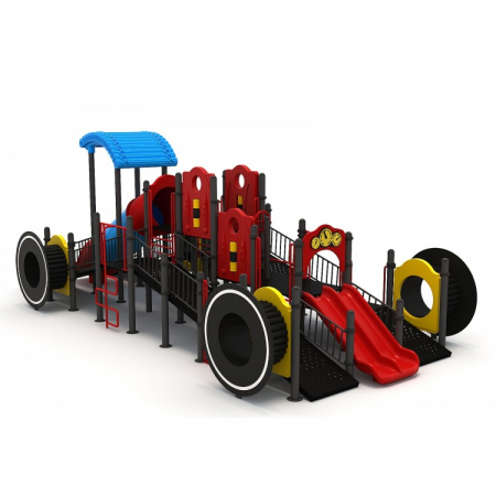 Echipamente joacă DIZABILITĂȚI - 23EG Complex Ansamblu Echipamente loc de joaca dizabilitati exterior parc din metal cu 4 Rampe 2 Tobogane 2 Cățărătoare și Activități