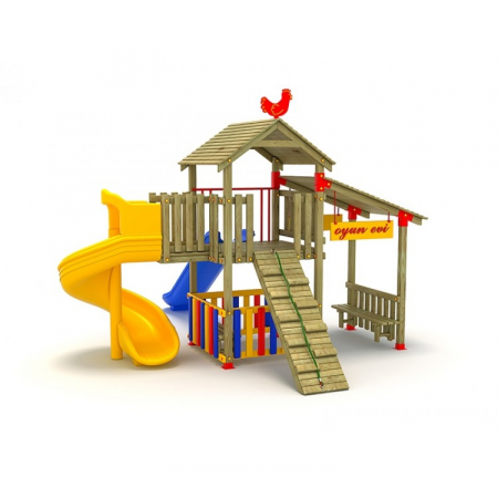 Echipamente joacă LEMN - 25A Clasic Echipament loc de joaca exterior parc din lemn cu 2 Tobogane 2 Bancute si Cataratoare