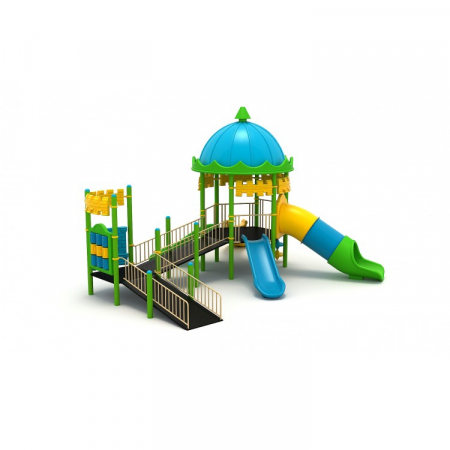 Echipamente joacă DIZABILITĂȚI - 25EG Complex Echipament loc de joaca dizabilitati exterior parc din metal cu Rampă 4 Tobogane Cataratoare și Activități