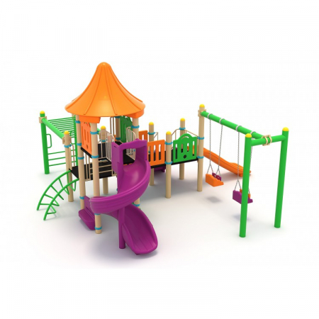 MOBILIER URBAN & LOCURI DE JOACA - 25M Clasic Ansamblu Echipamente loc de joaca exterior parc din metal cu Scara 2 Tobogane 2 Leagane 2 Bancute si 2 Cataratoare