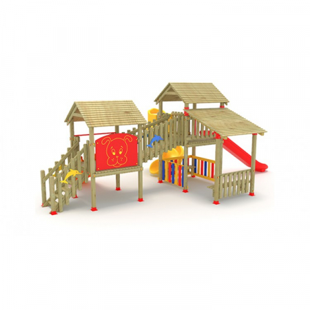 26A Clasic Echipament loc de joaca exterior parc din lemn cu Scara 3 Tobogane si 2 Bancute [1]