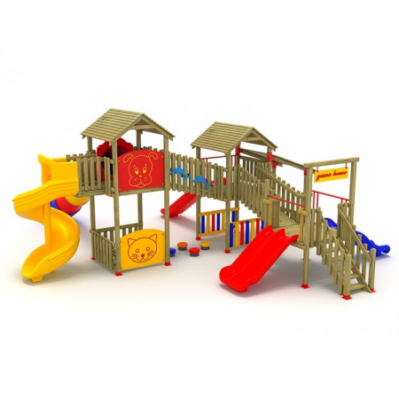 Echipamente joacă LEMN - 27A Clasic Ansamblu Echipament loc de joaca exterior parc din lemn cu Scara 5 Tobogane 2 Bancute si Cataratoare