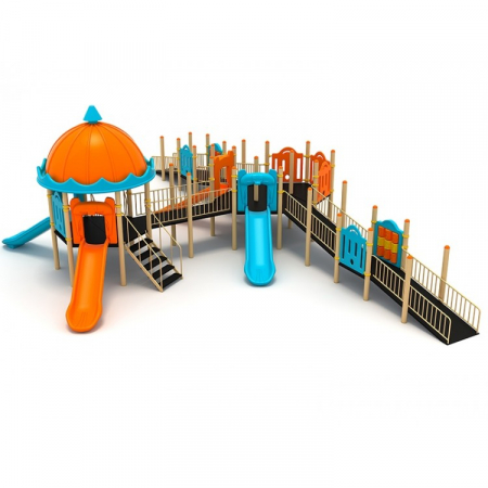 Echipamente joacă DIZABILITĂȚI - 29EG Complex Ansamblu Echipamente loc de joaca dizabilitati exterior parc din metal cu 2 Scări 2 Rampe 4 Tobogane și Activități