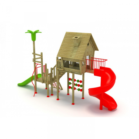 Echipamente joacă LEMN - 30A Casa Echipament loc de joaca exterior parc din lemn cu 2 Tobogane Numaratoare si 2 Cataratoare