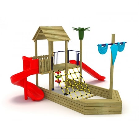 MOBILIER URBAN & LOCURI DE JOACA - 34A Vapor Echipament loc de joaca exterior parc din lemn cu 2 Tobogane si 2 Cataratoare