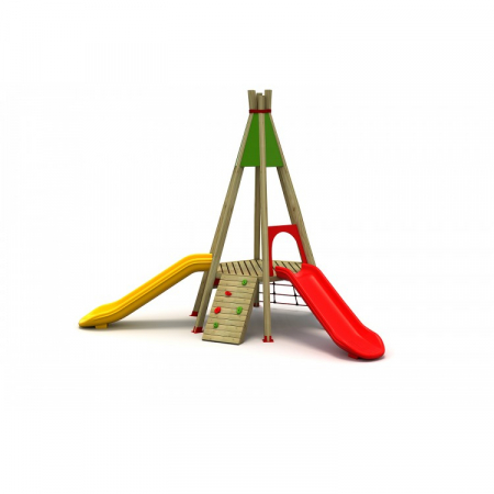 MOBILIER URBAN & LOCURI DE JOACA - 37A India Echipament loc de joaca exterior parc din lemn cu 2 Tobogane Activitati si 2 Cataratoare