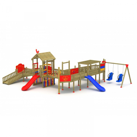 Echipamente joacă DIZABILITĂȚI - 37EG Complex Ansamblu Echipamente loc de joaca dizabilitati exterior parc din lemn cu 2 Rampe 2 Tobogane 2 Leagăne Cataratoare și Activități