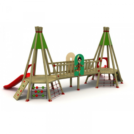 MOBILIER URBAN & LOCURI DE JOACA - 38A India Ansamblu Echipament loc de joaca exterior parc din lemn cu 2 Tobogane Activitati si 4 Cataratoare