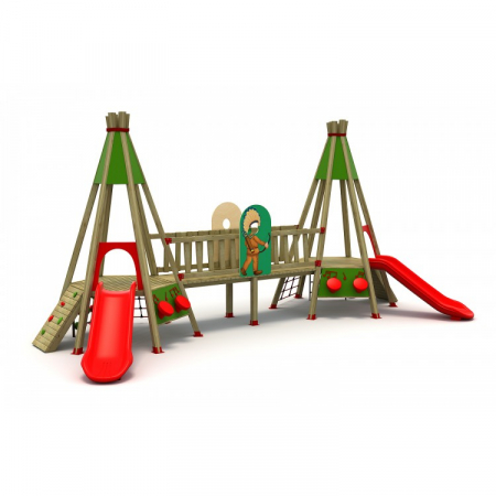 38A India Ansamblu Echipament loc de joaca exterior parc din lemn cu 2 Tobogane Activitati si 4 Cataratoare [1]