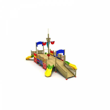 Echipamente joacă DIZABILITĂȚI - 39EG Complex Ansamblu Echipamente loc de joaca dizabilitati exterior parc din lemn cu 2 Rampe 4 Tobogane și Activități