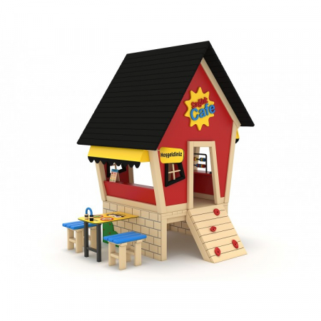 Echipamente joacă LEMN - 42A Casa Echipament loc de joaca exterior parc din lemn cu Scara Cataratoare Numaratoare 2 Bancute si Masa