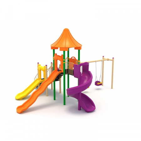 Echipamente joacă METAL - 54M Clasic Echipament loc de joaca exterior parc din metal cu Scara 3 Tobogane si 2 Leagane
