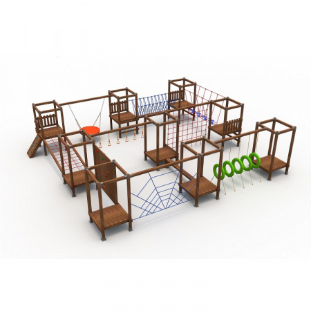 Echipamente joacă LEMN - 55A Aventura Parkour Ansamblu Echipamente loc de joaca exterior parc din lemn cu Legan si 9 Cataratoare