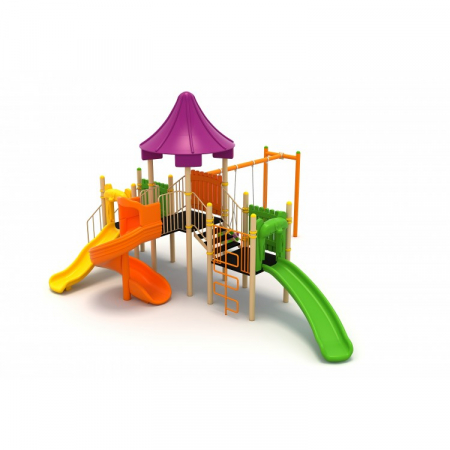Echipamente joacă METAL - 55M Clasic Echipament loc de joaca exterior parc din metal cu Scara 3 Tobogane 2 Leagane si Cataratoare