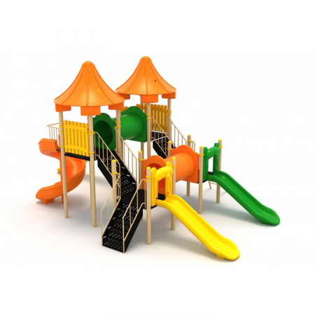 Echipamente joacă METAL - 71M Clasic Echipament loc de joaca exterior parc din metal cu Scară 4 Tobogane Cataratoare și 2 Tunele